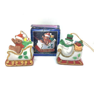 Vintage Christmas Tree Ornaments Porcelain Sleigh Bell Lot Bear & Snowman 1990s